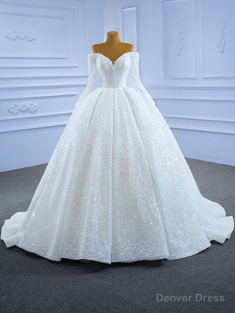 White Sequins Beading Long Sleeve Wedding Dresses