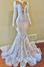 White Sequins Lace Mermaid Prom Dress With Long Sleeves