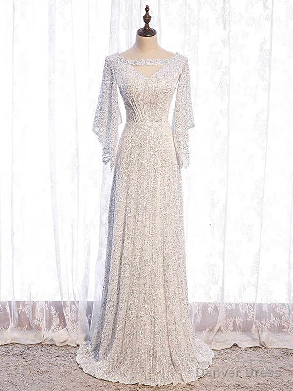 White Sequins Long Sleeve V Neck Prom Dresses