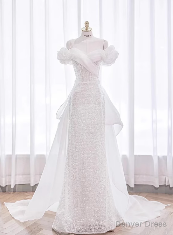 White Sequins Off the Shoulder Wedding Dress Main image