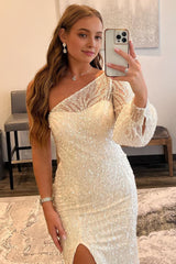 white sequins one shoulder prom dress with slit