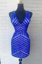 White Sequins V Neck Tight Homecoming Dresses