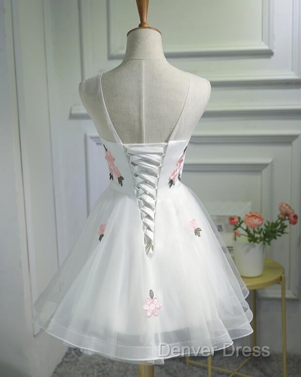 White Short Cute Graduation Party Dresses , Lovely Prom Dresses , Formal Dresses Tulle With Flowers