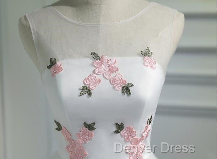 White Short Cute Graduation Party Dresses , Lovely Prom Dresses , Formal Dresses Tulle With Flowers