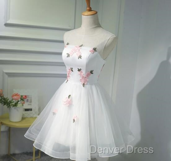 White Short Cute Graduation Party Dresses , Lovely Prom Dresses , Formal Dresses Tulle With Flowers