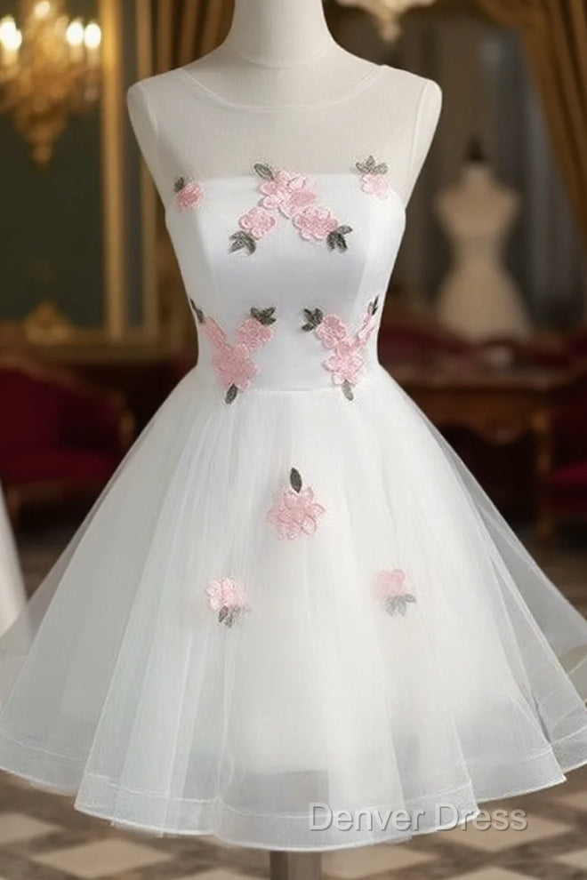 White Short Cute Graduation Party Dresses , Lovely Prom Dresses , Formal Dresses Tulle With Flowers