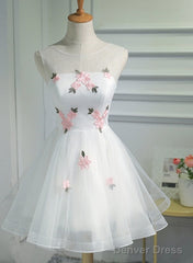 White Short Cute Graduation Party Dress , Lovely Prom Dress , Formal Dress Tulle With Flowers