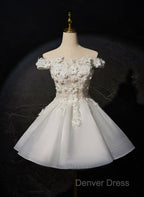 White Short Flowers Lace Short Party Dresses, White Graduation Dresses Prom Dresses