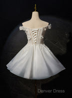 White Short Flowers Lace Short Party Dresses, White Graduation Dresses Prom Dresses