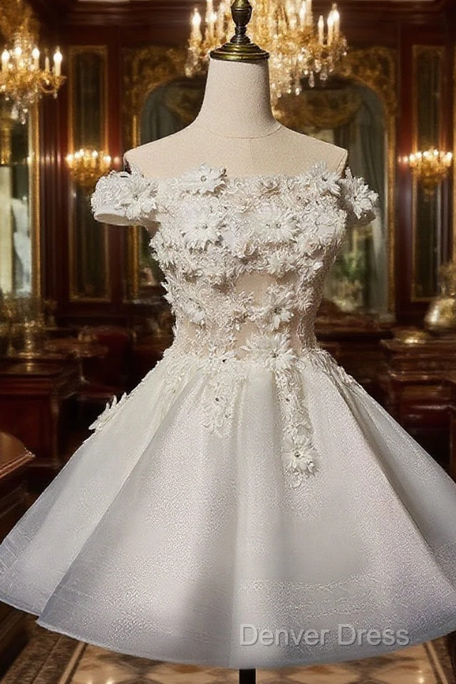 White Short Flowers Lace Short Party Dresses, White Graduation Dresses Prom Dresses Main image