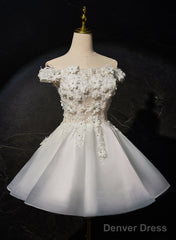 White Short Flowers Lace Short Party Dress, White Graduation Dress Prom Dress