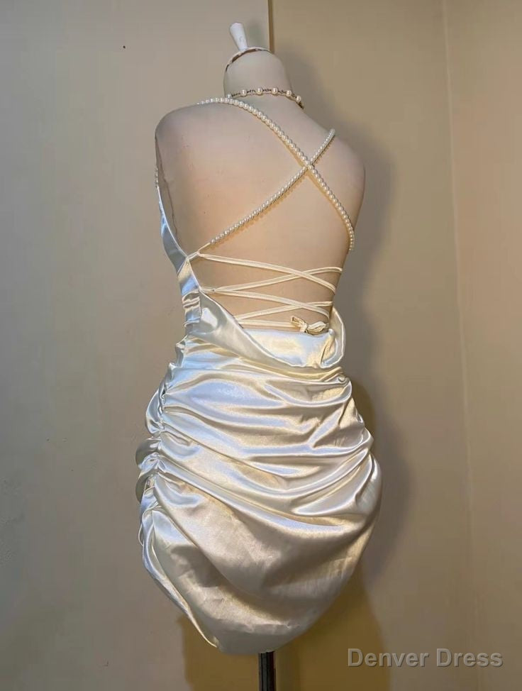 White Short Satin Sheath Birthday Dress Short Prom Dress Secondary image