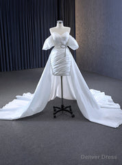 White Short Satin Sweetheart Wedding Dress Detachable Train