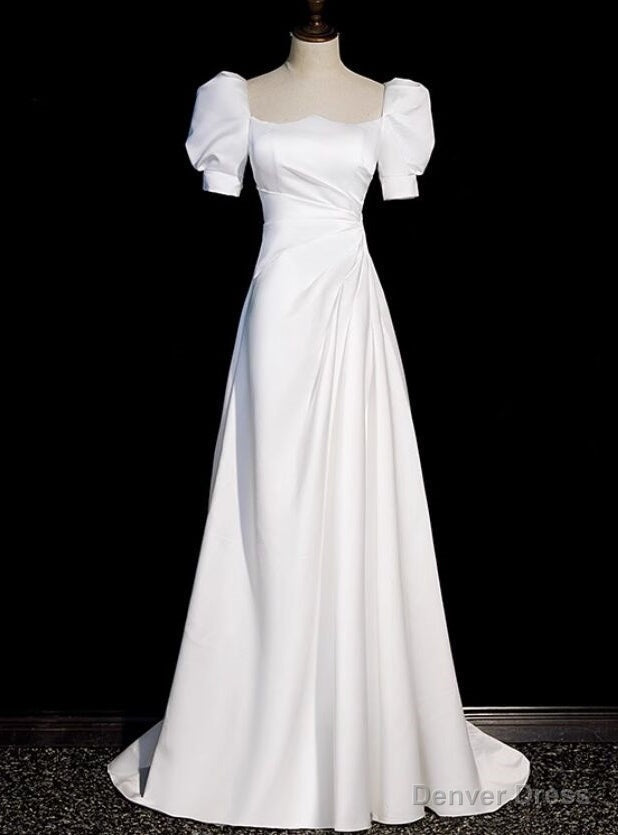 White Short Sleeve Square Neck Pleats Wedding Dresses