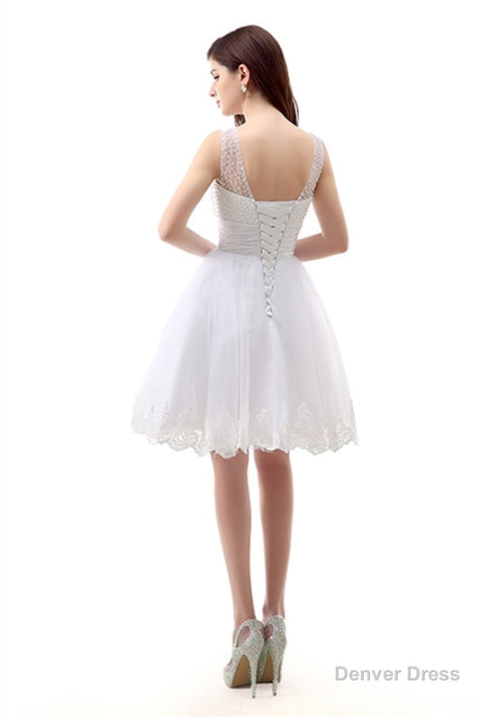White Short Tulle Lace Knee Length Pearls Homecoming Dresses