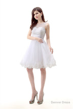 White Short Tulle Lace Knee Length Pearls Homecoming Dresses