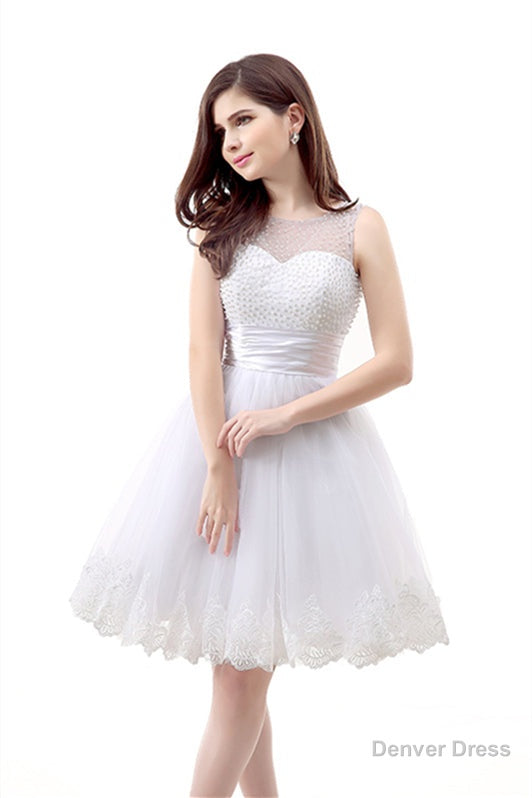 White Short Tulle Lace Knee Length Pearls Homecoming Dresses Secondary image