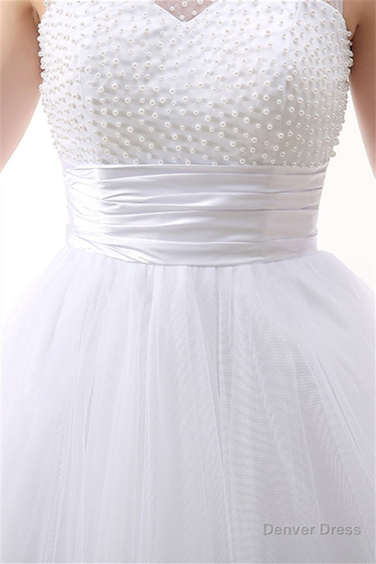 White Short Tulle Lace Knee Length Pearls Homecoming Dresses