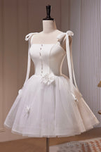 White Spaghetti Strap Short Prom Dress, White Tulle Prom Dresses