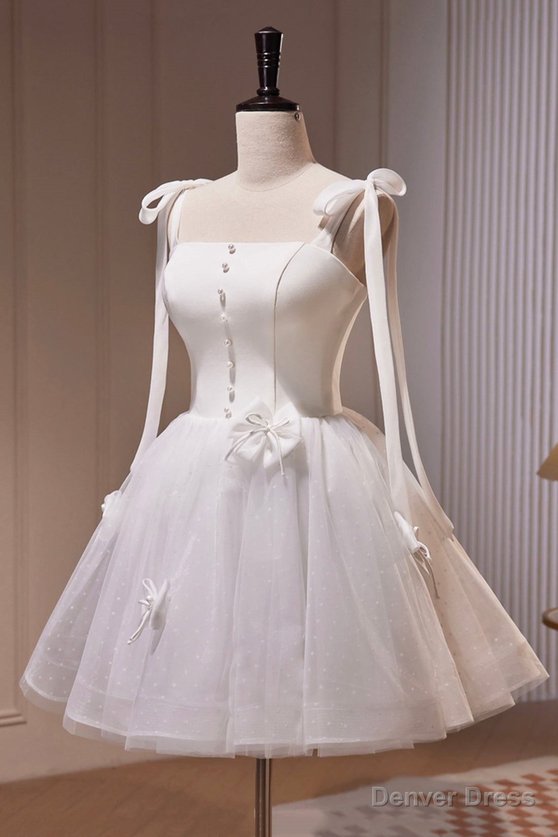 White Spaghetti Strap Short Prom Dress, White Tulle Prom Dresses