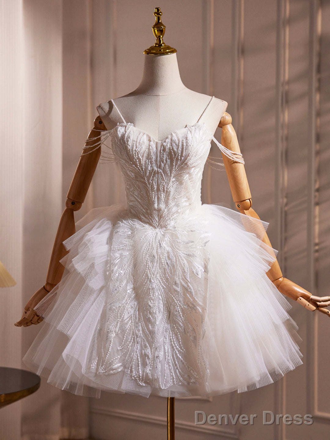 White Spaghetti Strap Tulle Beaded Short Prom Dress, Cute A-Line Party Dress Secondary image
