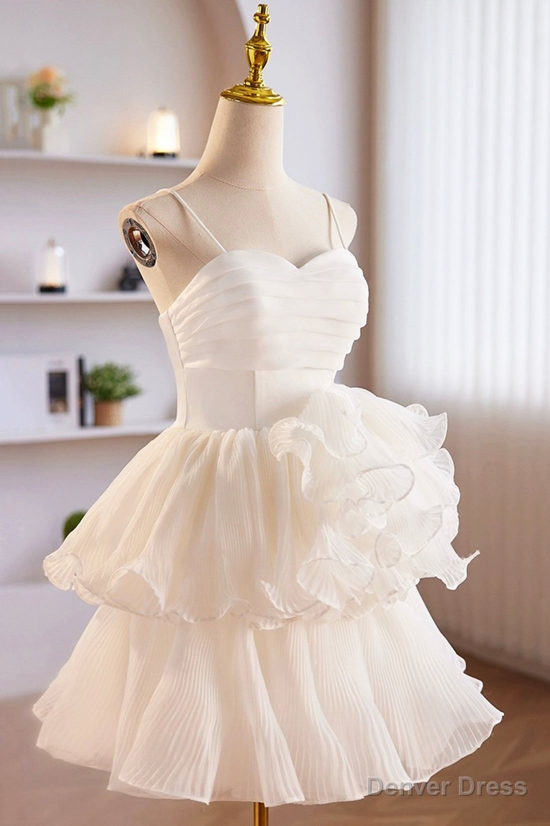 White Spaghetti Strap Tulle Short Prom Dress, White A Line Homecoming Dresses