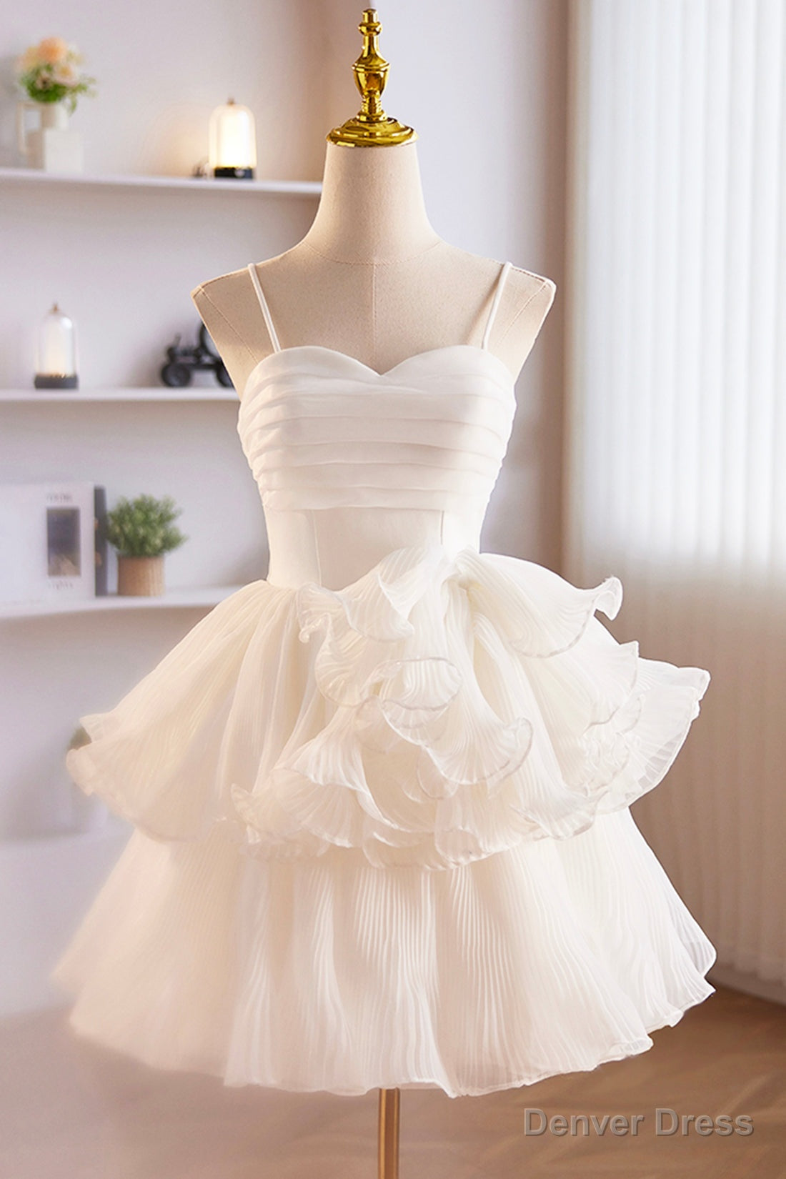 White Spaghetti Strap Tulle Short Prom Dress, White A Line Homecoming Dresses