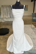 White Straight Neck Mermaid Long Wedding Dresses Pure Color