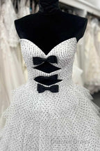 White Strapless Swiss Dot Layered Long Prom Dresses