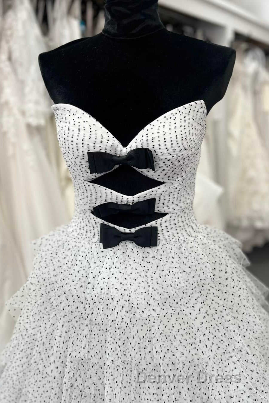 White Strapless Swiss Dot Layered Long Prom Dresses