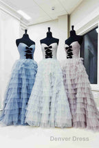 White Strapless Swiss Dot Layered Long Prom Dresses