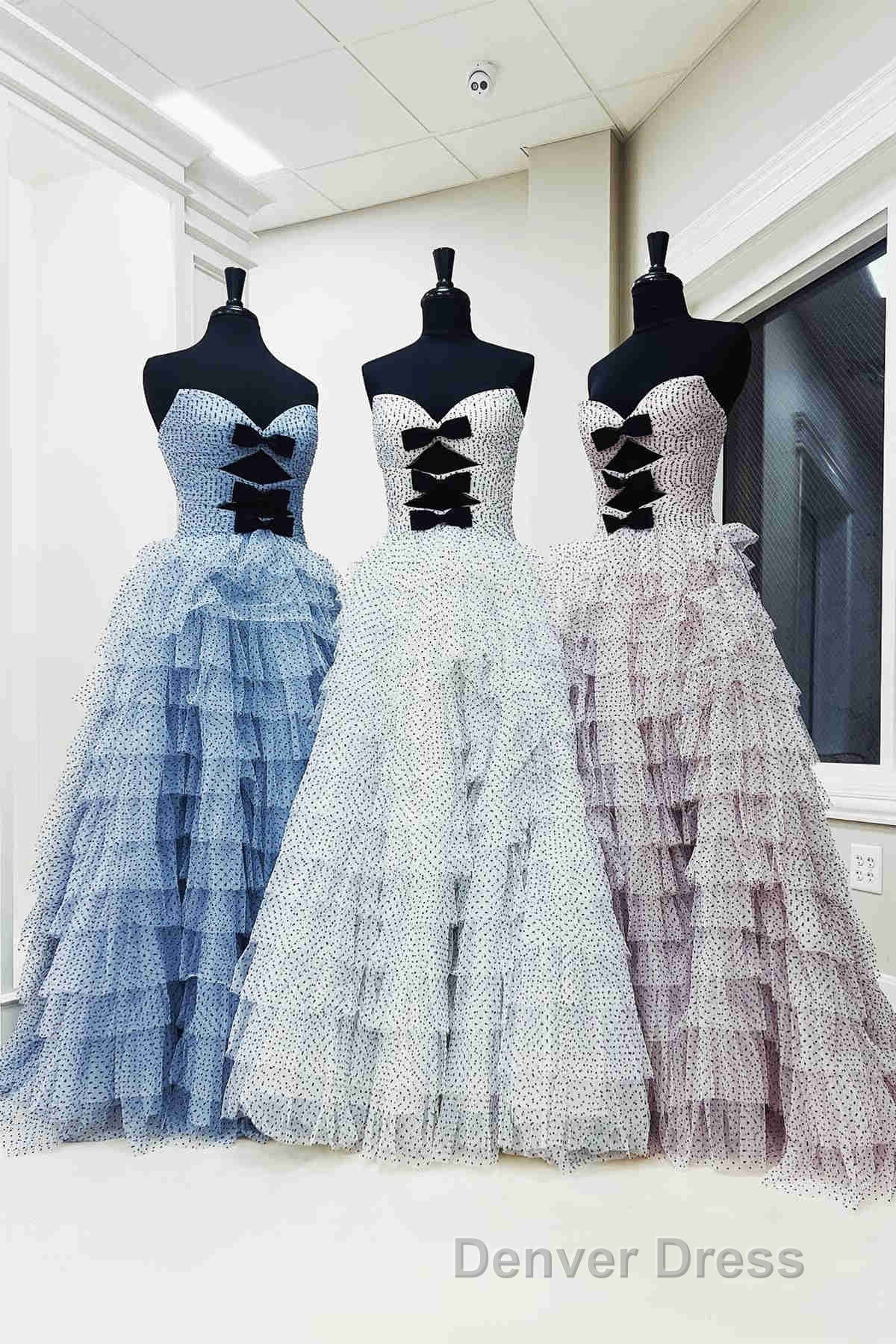 White Strapless Swiss Dot Layered Long Prom Dresses