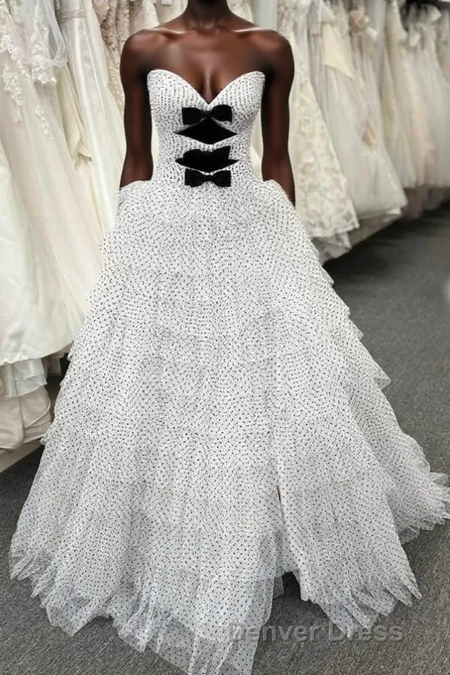 White Strapless Swiss Dot Layered Long Prom Dresses