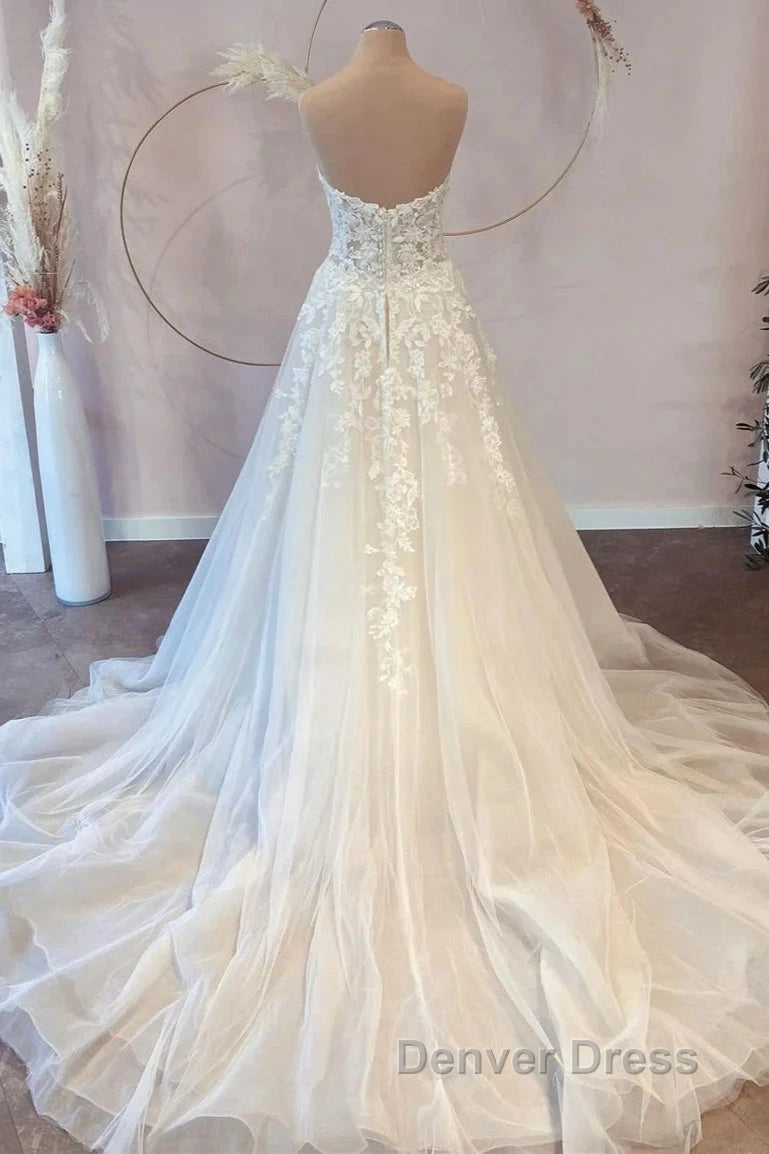 White Sweetheart A-Line Wedding Dresses Tulle Lace Bridal Dresses With Sweep Train Off Shoulder Elegant