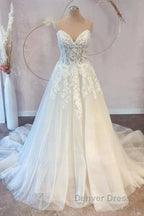 White Sweetheart A Line Wedding Dress Tulle Lace Bridal Dresses With Sweep Train Off Shoulder Elegant