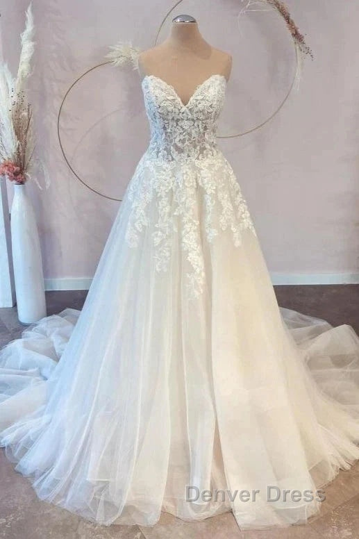 White Sweetheart A Line Wedding Dress Tulle Lace Bridal Dresses With Sweep Train Off Shoulder Elegant