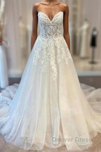 White Sweetheart A-Line Wedding Dresses Tulle Lace Bridal Dresses With Sweep Train Off Shoulder Elegant