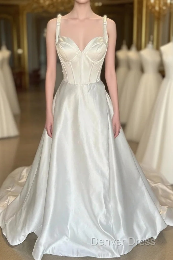 White Sweetheart Bow-Strap A-Line Long Modest Wedding Dresses Main image