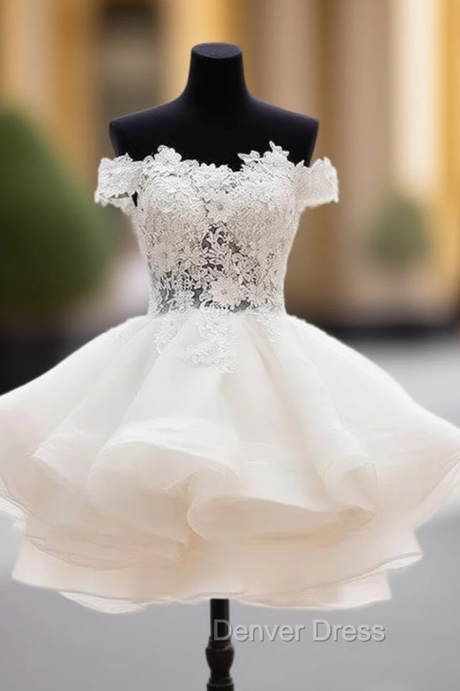 White Sweetheart Lace Applique Short Prom Dress, Cute White Homecoming Dresses Main image