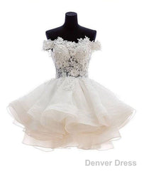 White Sweetheart Lace Applique Short Prom Dress, Cute White Homecoming Dress