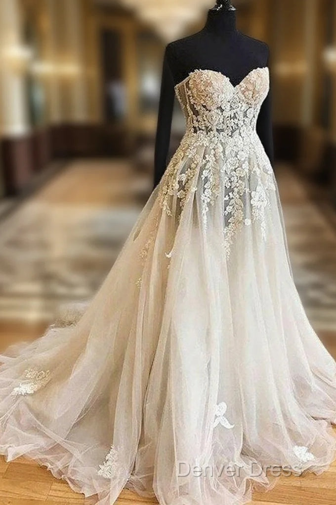 White Sweetheart Lace Applique Tulle Wedding Dresses, Lace Wedding Gown, Lace Bridal Prom Dresses
