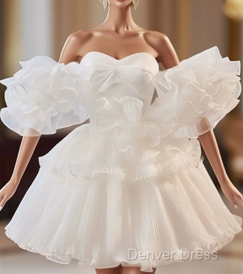 White Sweetheart Neck Organza Short Prom Dresses, White Homecoming Dresses