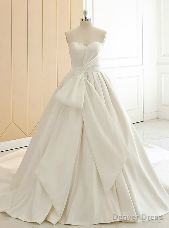 White Sweetheart Neck Satin Big Bow Shirring Wedding Dresses