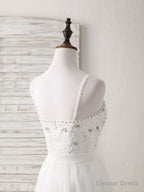 White Sweetheart Neck Tulle Beads Long Prom Dress White Prom Dresses
