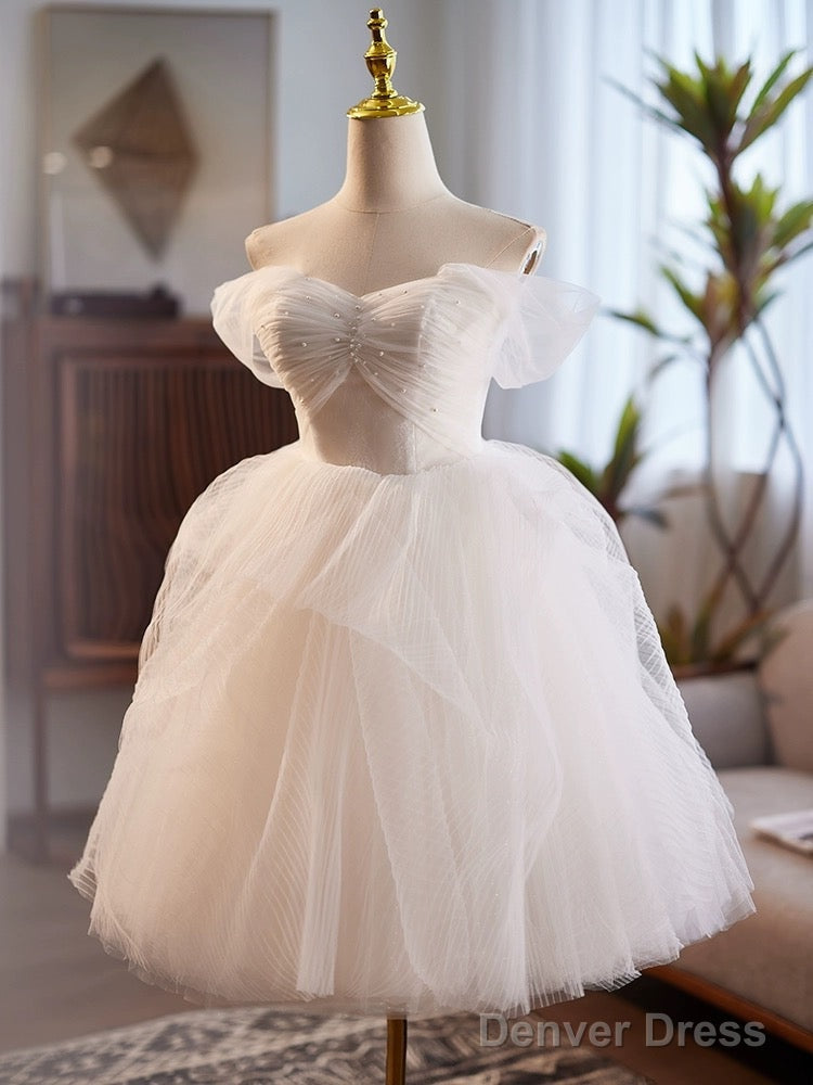 White Sweetheart Neck Tulle Lace Short Prom Dress, White Homecoming Dresses