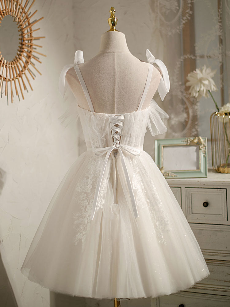 White Sweetheart Neck Tulle Lace Short Prom Dresses, White Tulle Formal Dresses
