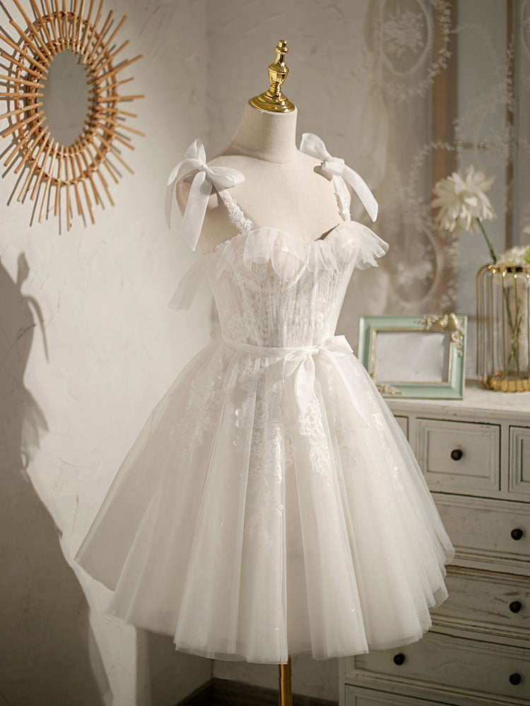 White Sweetheart Neck Tulle Lace Short Prom Dresses, White Tulle Formal Dresses