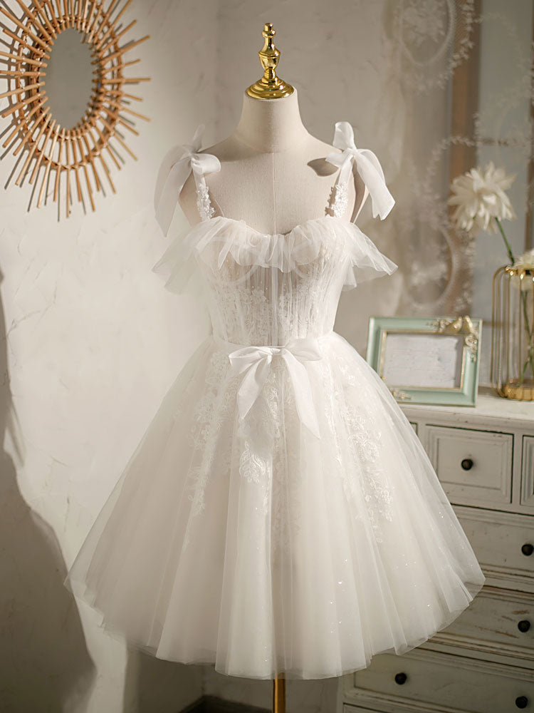 White Sweetheart Neck Tulle Lace Short Prom Dresses, White Tulle Formal Dresses Main image