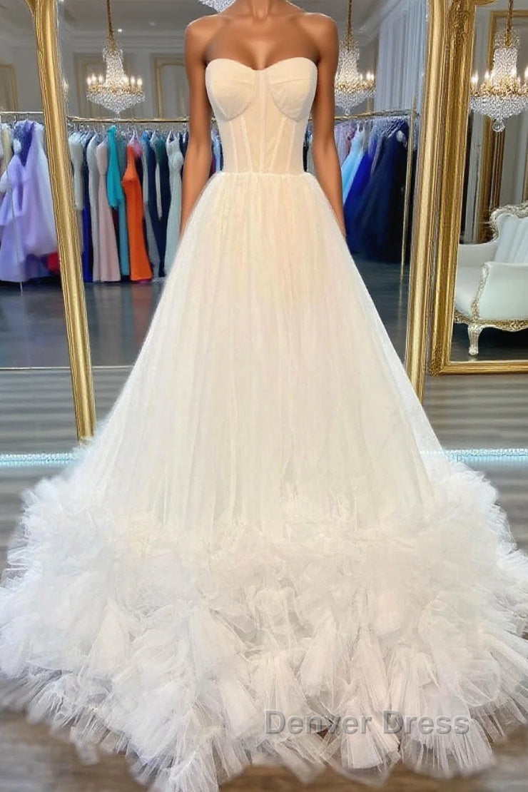 White sweetheart neck tulle long prom Dresses white formal Dresses Main image