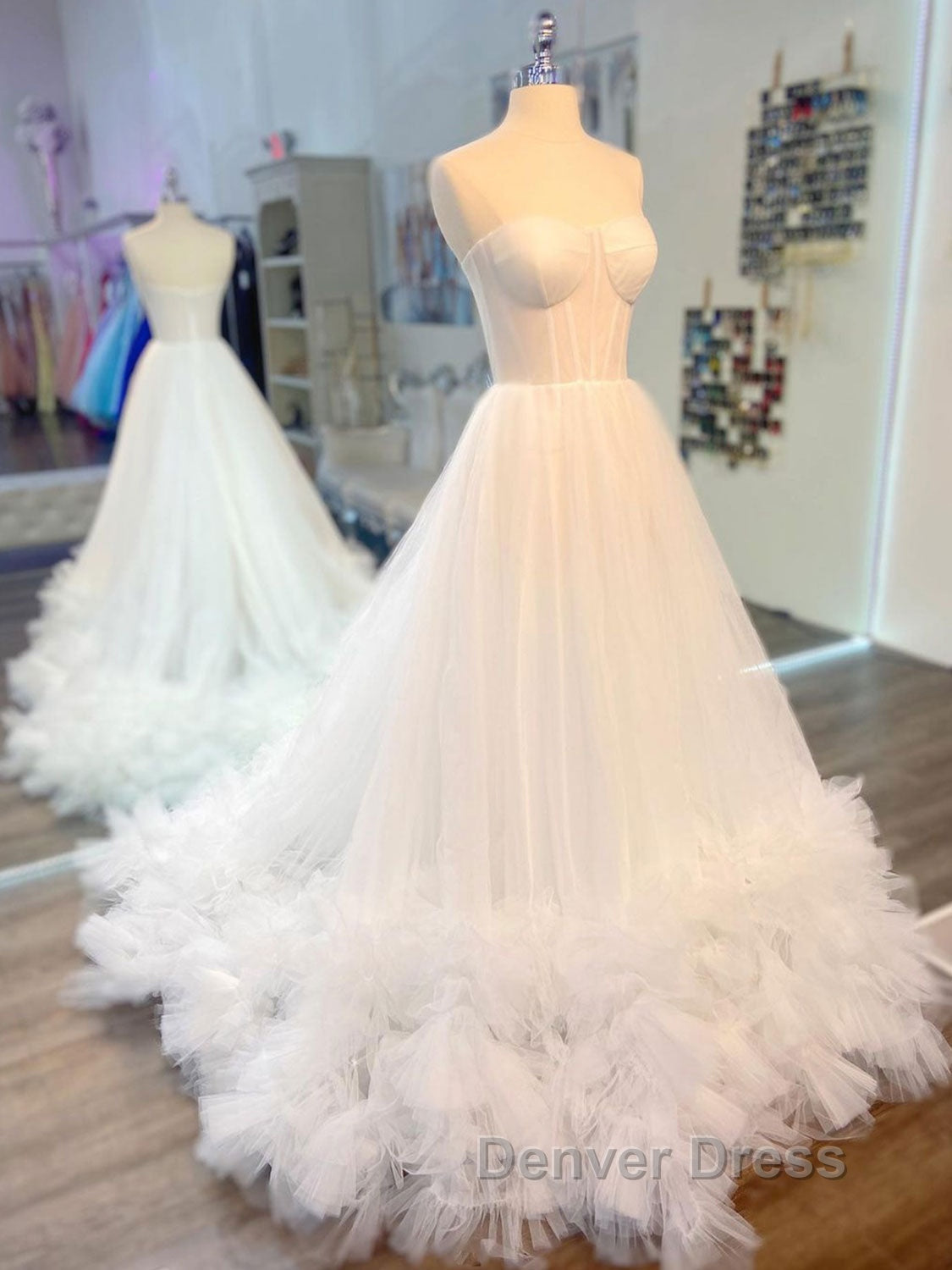 White sweetheart neck tulle long prom Dresses white formal Dresses Secondary image